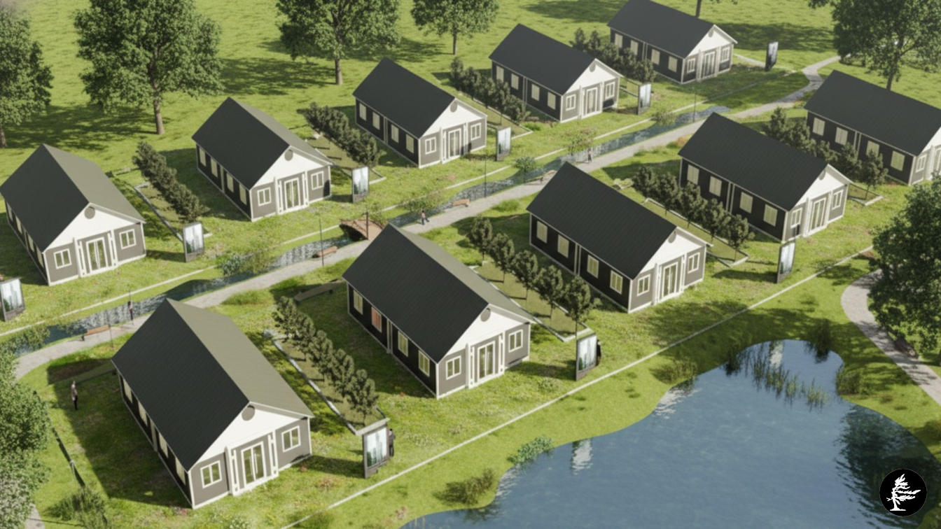 Seen: a Talistown™ project, 20 units under 10 roofs. Units are Talishouse™ 400 modules, arranged back to back, one roof over two units, respectively. At 12 months short-term rental season, $200 per night rental rate and 70% occupancy this project would make $1M annually, gross. 